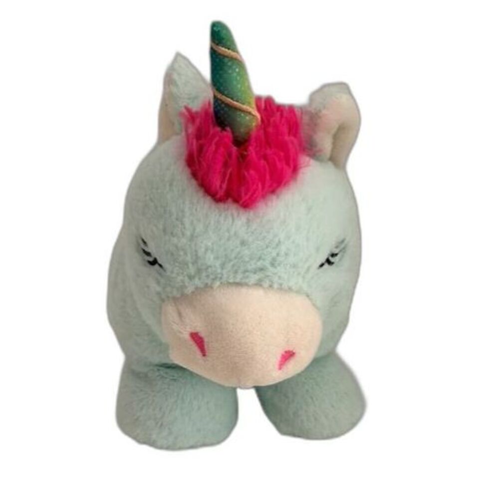 Kellytoy Aqua Unicorn Plush Pink Mane Glitter Horn Laying Stuffed Animal 8”